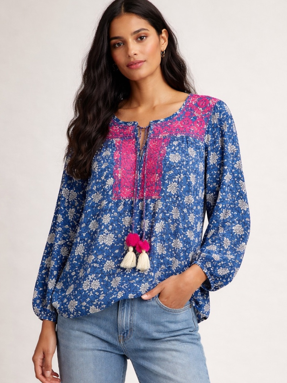 J. Crew Blue and Pink Floral Blouse